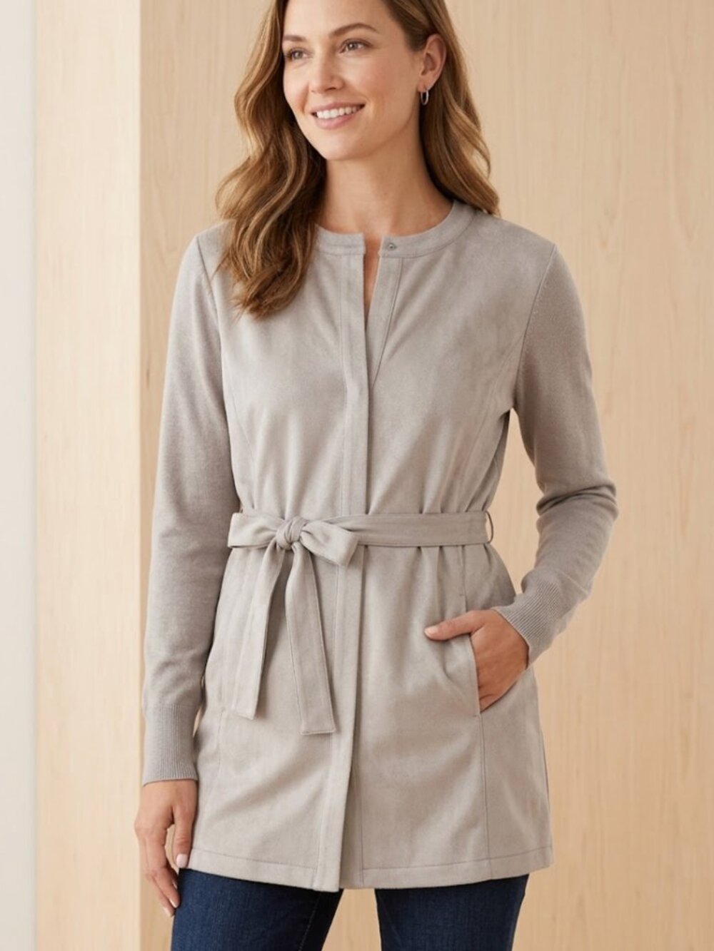 H by Halston Faux Suede Mixed Media Zip Jacket Taupe Gray Size 14